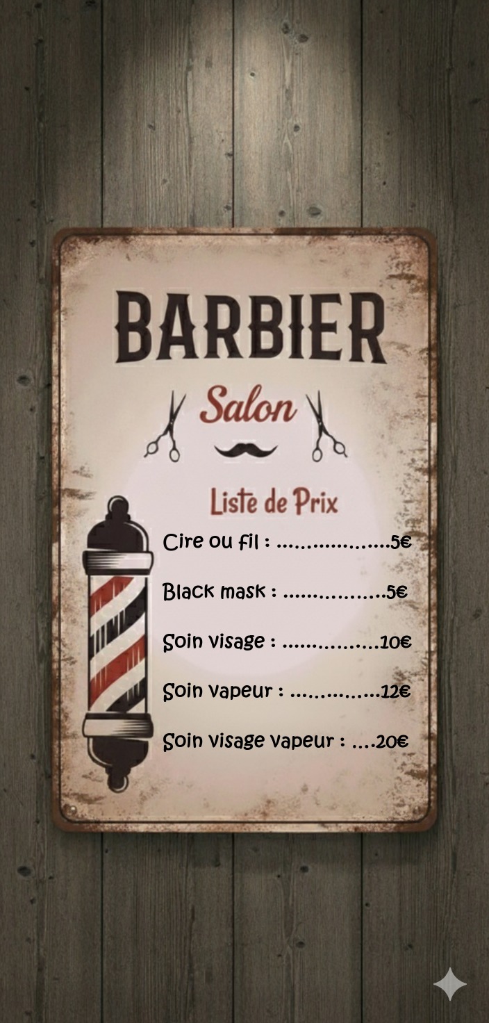 Enseigne vintage de barbier avec liste de prestations, sur fond de bois